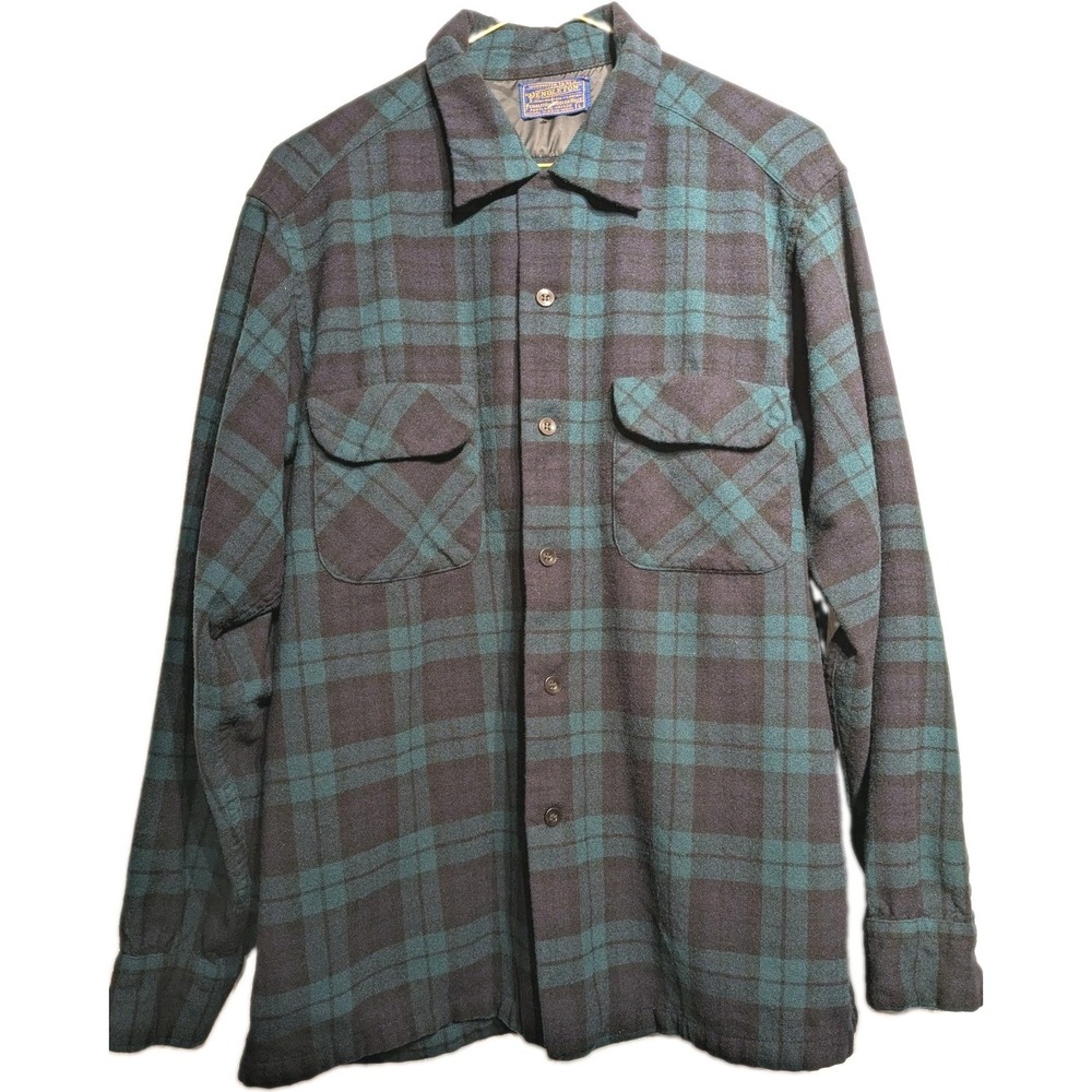 Vtg. Pendleton Wool Shirt Men L Green/Blue Plaid Flannel Button Up Flap Pockets